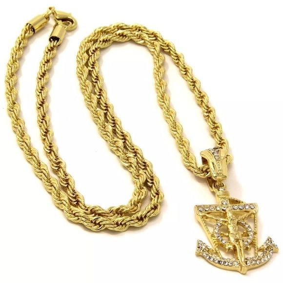 14K Gold Anchor Jesus Pendant & Rope Chain - Picture 4 of 5